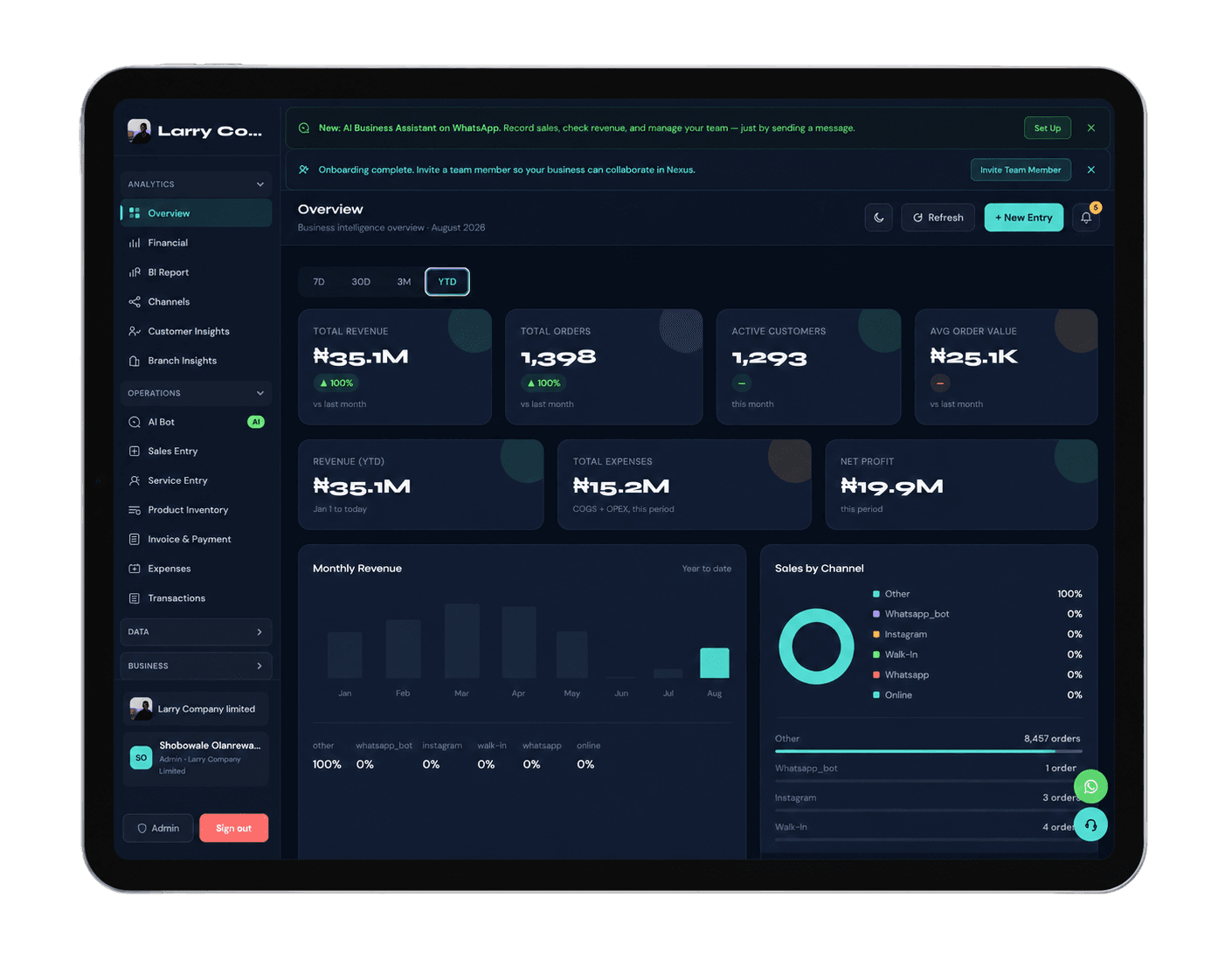 Nexus business dashboard — overview, revenue, and sales by channel
